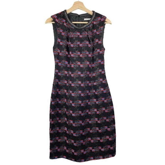 Trina Turk Womens Goodnight Tweed Sheath Dress Black Geometric Scoop Zipper XS - Picture 3 of 11